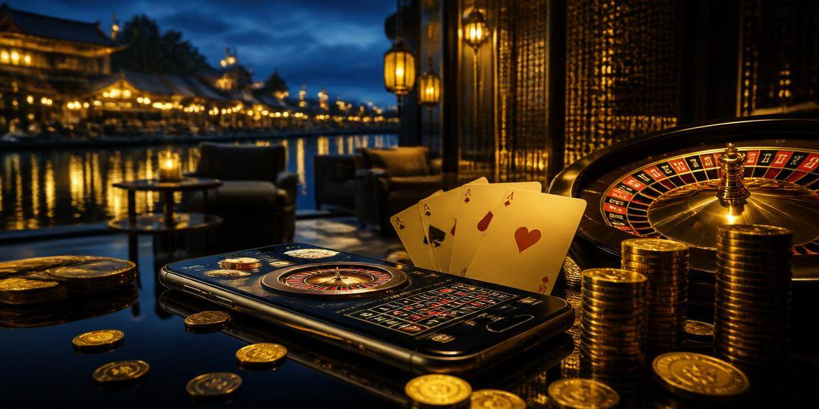 Bàn Roulette được thắp sáng bởi đèn lồng Hội An trong không gian casino sang trọng